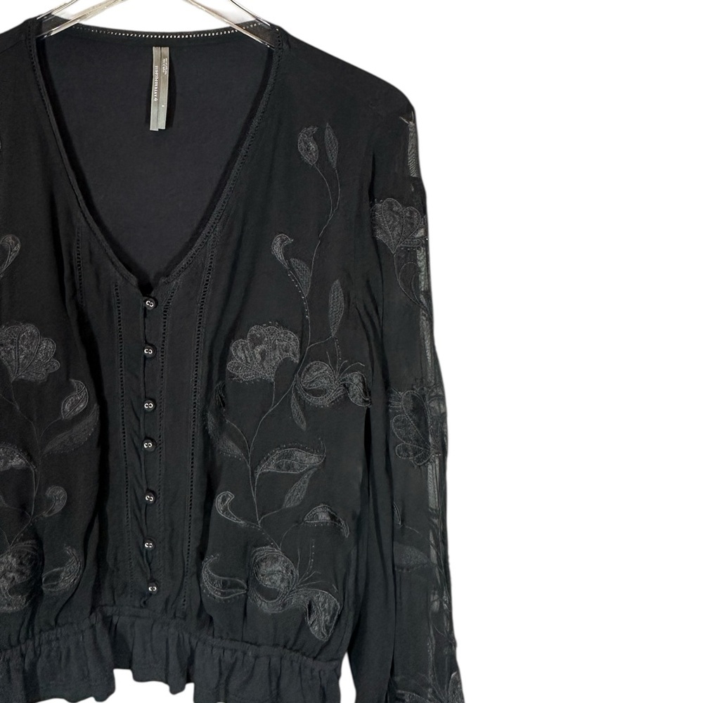 BY ANTHROPOLOGIE Women's Small Black Bohemian Lace Embroidered V-Neck Whimsigoth - Picture 2 of 11